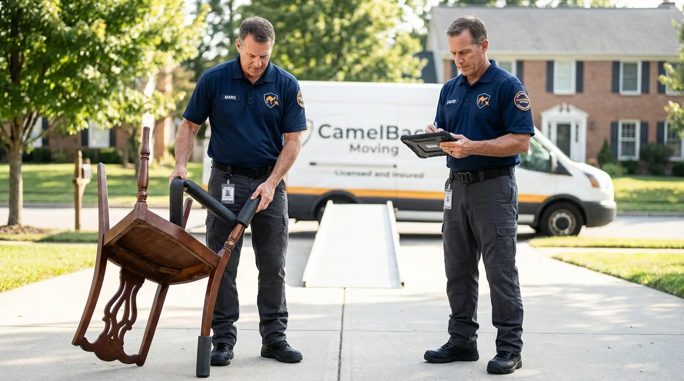 Movers inspecting furniture for damage prevention before loading in Webster Springs, WV