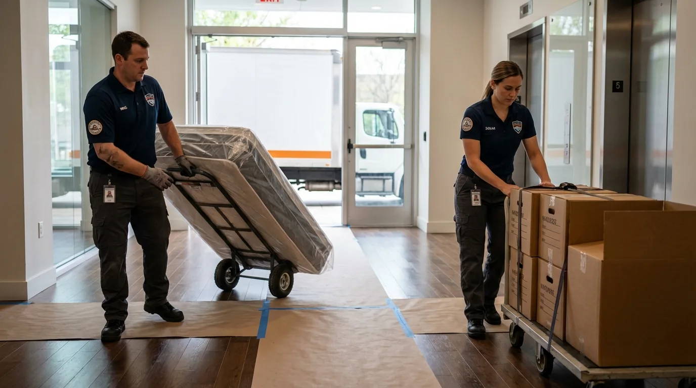 Professional apartment movers loading elevator in Webster Springs, WV