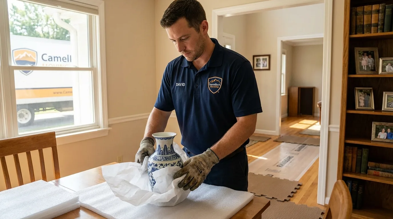 Professional crew carefully wrapping antique vase for senior downsizing move in Webster Springs, WV